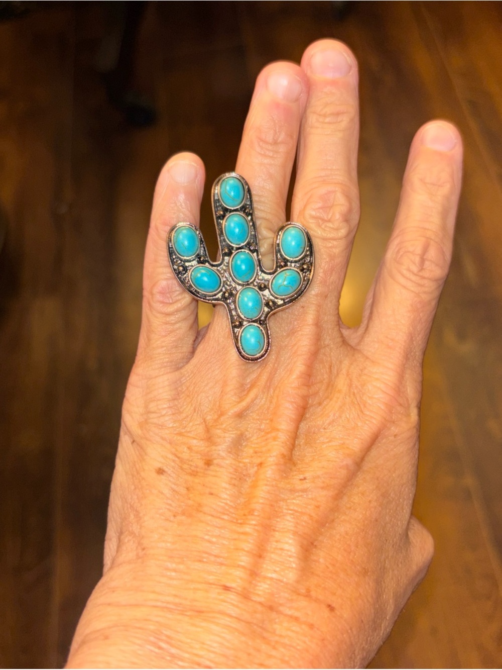 Southwestern Cactus Turquoise Ring Size 6 Silver Tone Boho Desert Jewelry